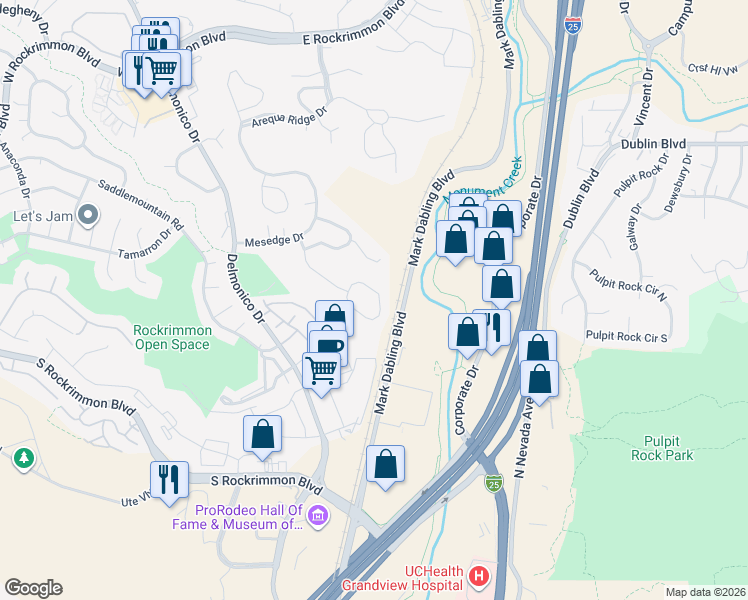 map of restaurants, bars, coffee shops, grocery stores, and more near 250 Dolomite Drive in Colorado Springs