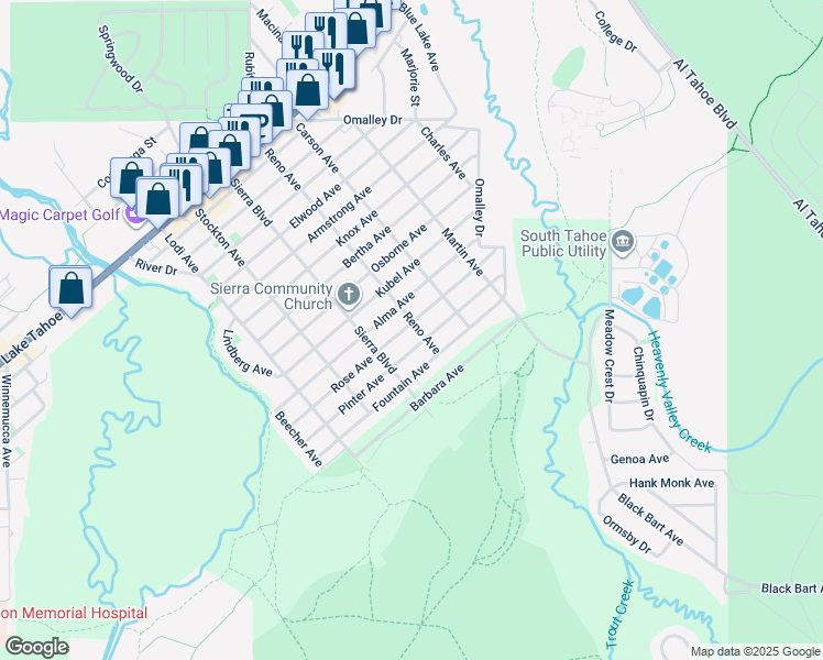 map of restaurants, bars, coffee shops, grocery stores, and more near 2588 Rose Avenue in South Lake Tahoe