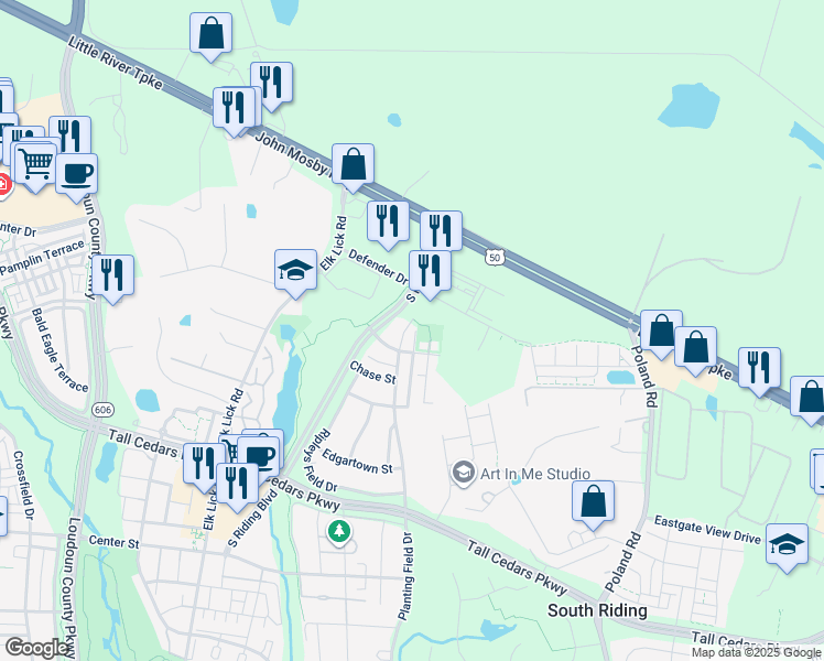 map of restaurants, bars, coffee shops, grocery stores, and more near 25180 Planting Field Drive in Chantilly