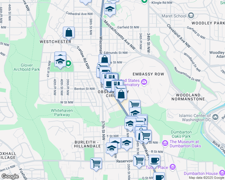 map of restaurants, bars, coffee shops, grocery stores, and more near 2311 Observatory Lane Northwest in Washington