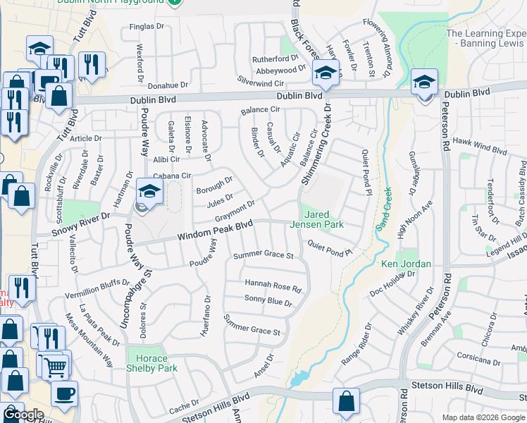 map of restaurants, bars, coffee shops, grocery stores, and more near 6526 Sunny Meadow Street in Colorado Springs