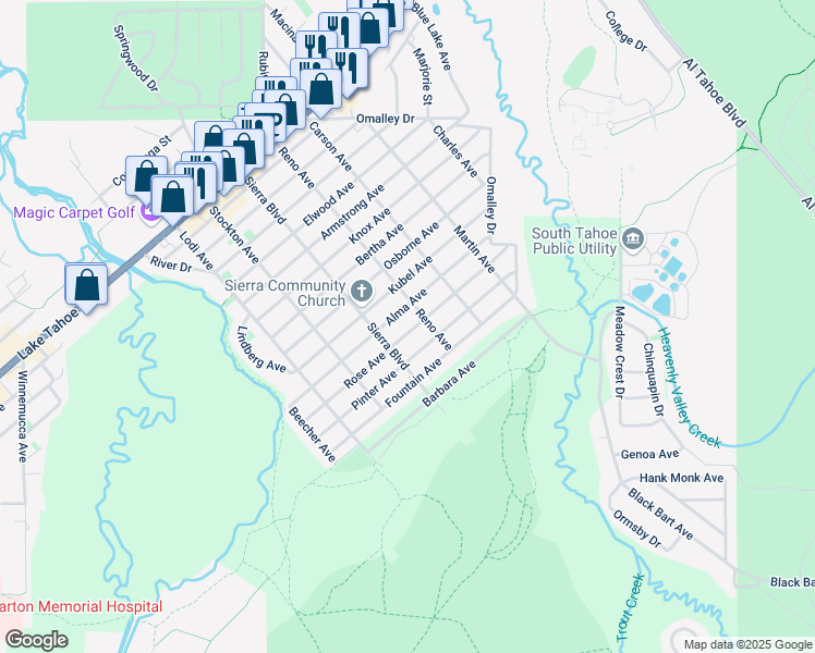 map of restaurants, bars, coffee shops, grocery stores, and more near 2577 Rose Avenue in South Lake Tahoe
