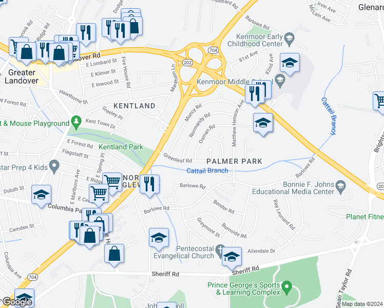 map of restaurants, bars, coffee shops, grocery stores, and more near 7602 Oxman Road in Greater Landover
