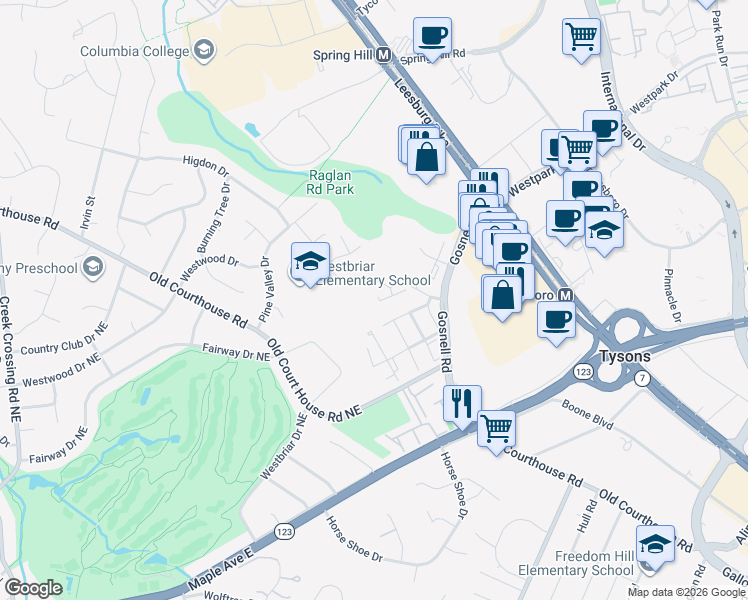 map of restaurants, bars, coffee shops, grocery stores, and more near 8611 Raglan Road in Vienna