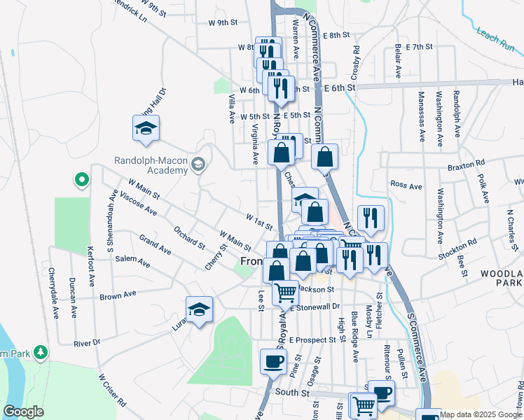 map of restaurants, bars, coffee shops, grocery stores, and more near 115 Virginia Avenue in Front Royal