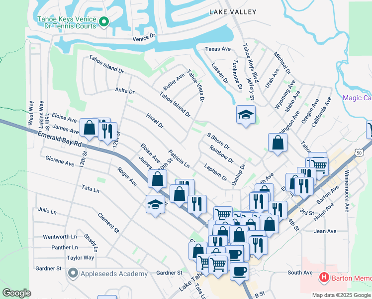 map of restaurants, bars, coffee shops, grocery stores, and more near 840 Hazel Drive in South Lake Tahoe