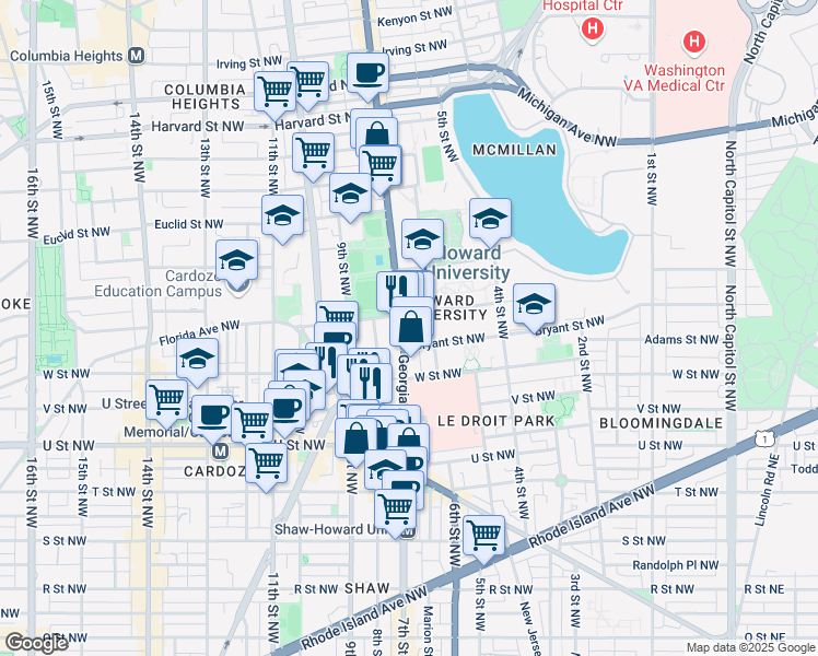 map of restaurants, bars, coffee shops, grocery stores, and more near 2301 Georgia Avenue Northwest in Washington