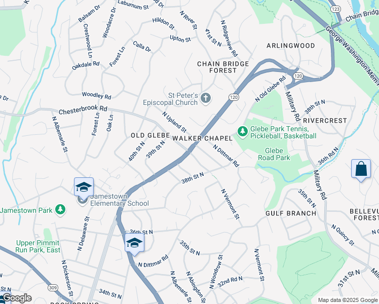 map of restaurants, bars, coffee shops, grocery stores, and more near N Glebe Rd & N Chesterbrook Rd in Arlington