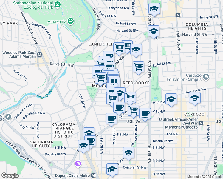 map of restaurants, bars, coffee shops, grocery stores, and more near 18th St NW & Belmont Rd NW in Washington