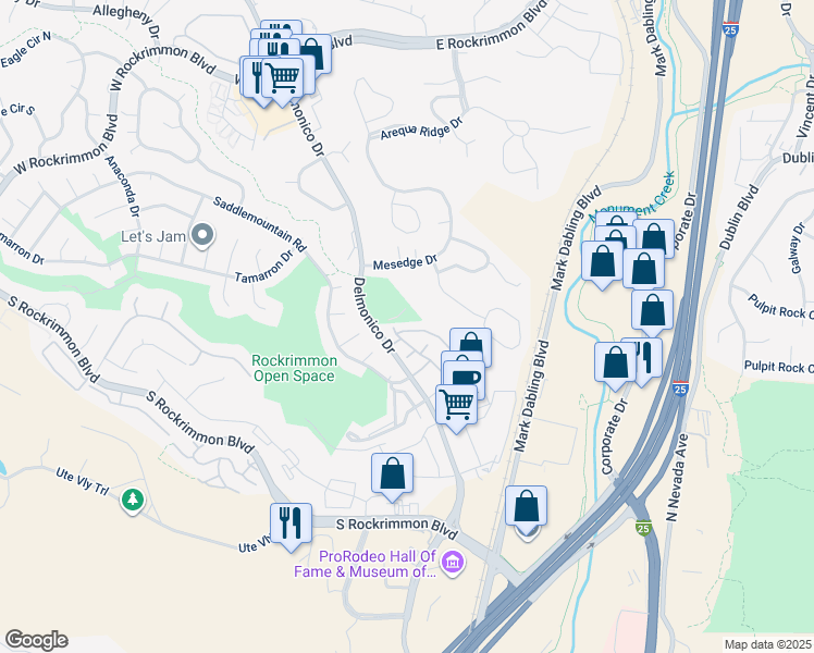 map of restaurants, bars, coffee shops, grocery stores, and more near 6249 Colony Circle in Colorado Springs