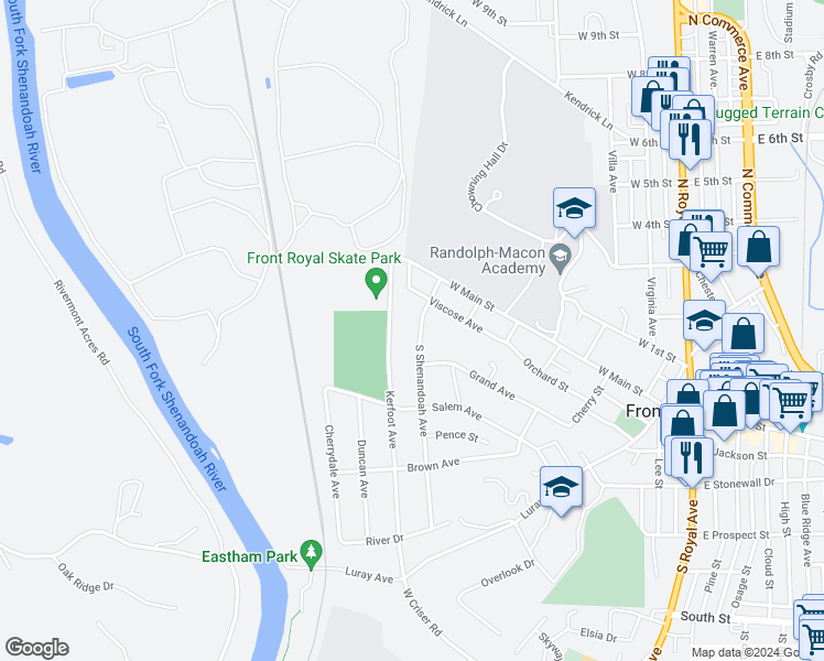map of restaurants, bars, coffee shops, grocery stores, and more near 115 South Shenandoah Avenue in Front Royal