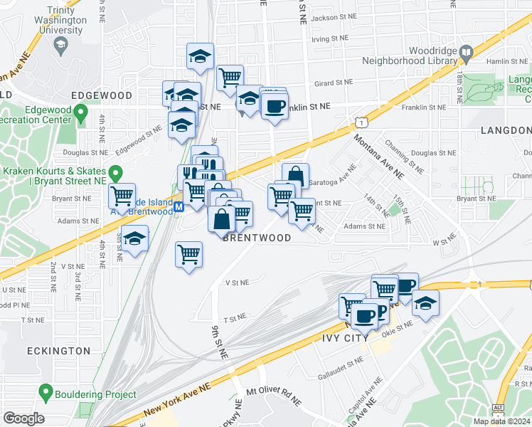 map of restaurants, bars, coffee shops, grocery stores, and more near 14 in Washington