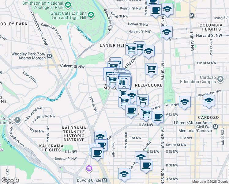 map of restaurants, bars, coffee shops, grocery stores, and more near 1831 Belmont Road Northwest in Washington