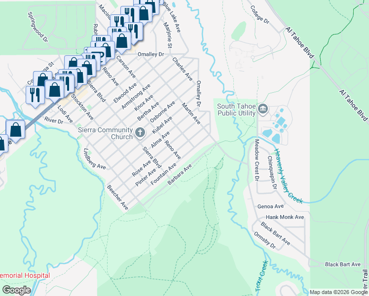 map of restaurants, bars, coffee shops, grocery stores, and more near 2608 Pinter Avenue in South Lake Tahoe