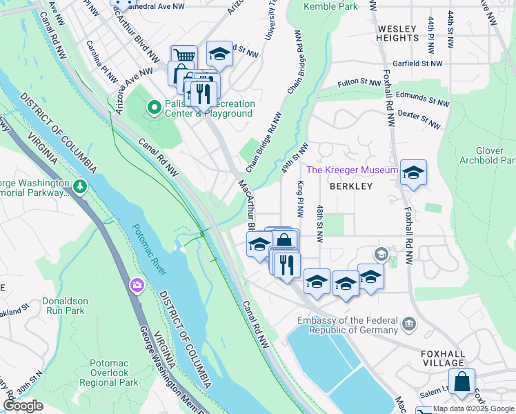 map of restaurants, bars, coffee shops, grocery stores, and more near 4929 MacArthur Boulevard Northwest in Washington