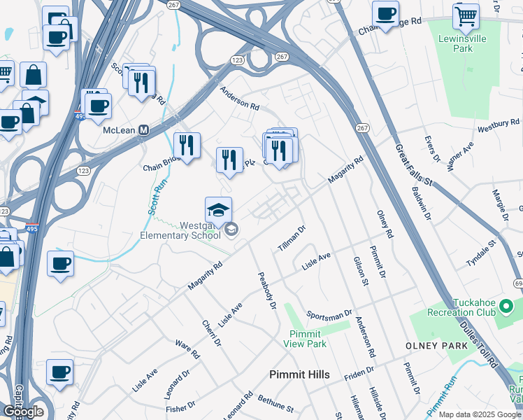 map of restaurants, bars, coffee shops, grocery stores, and more near 7465 Backett Wood Terrace in Tysons