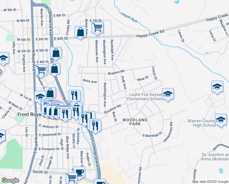 map of restaurants, bars, coffee shops, grocery stores, and more near 205 Clymer Avenue in Front Royal