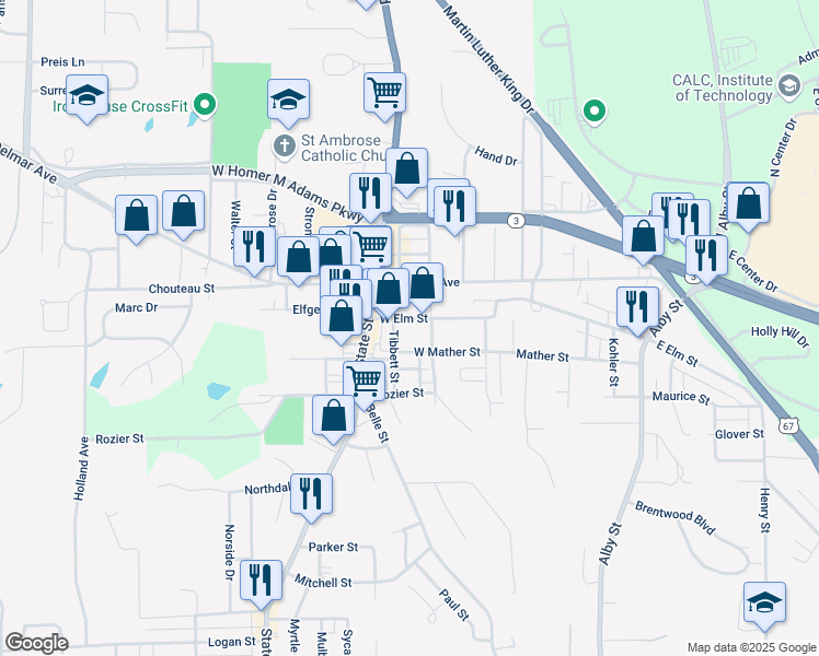 map of restaurants, bars, coffee shops, grocery stores, and more near 233 West Elm Street in Alton