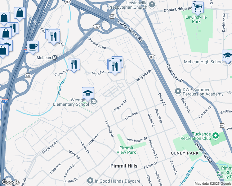 map of restaurants, bars, coffee shops, grocery stores, and more near 7509 Sawyer Farm Way in McLean