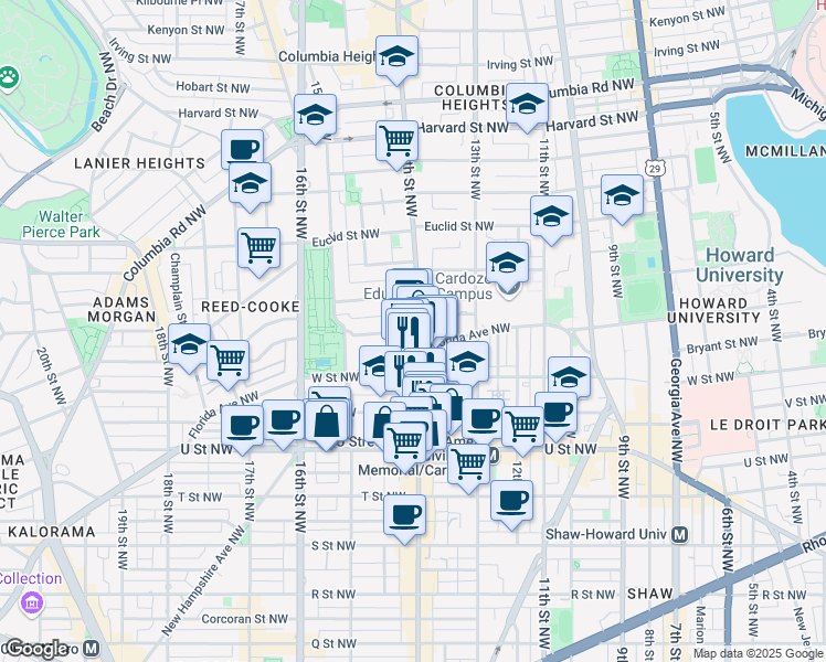 map of restaurants, bars, coffee shops, grocery stores, and more near 1414 Belmont Street Northwest in Washington