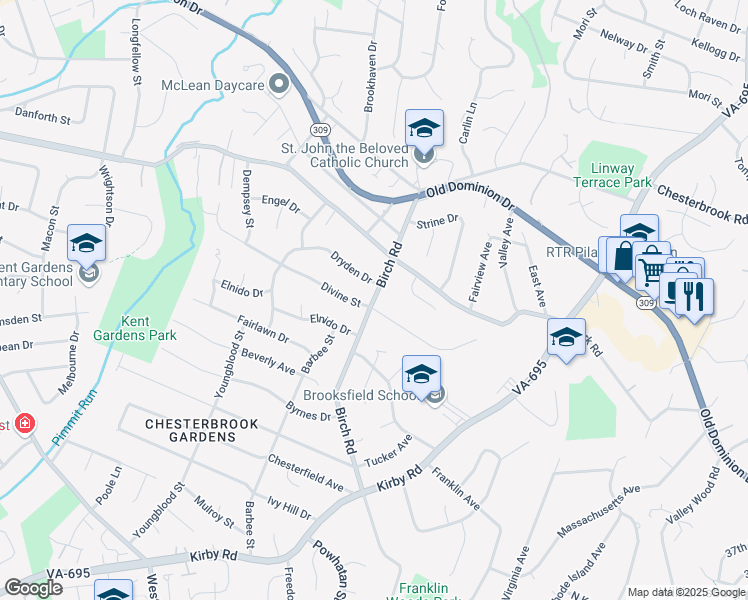 map of restaurants, bars, coffee shops, grocery stores, and more near 1717 Birch Road in McLean