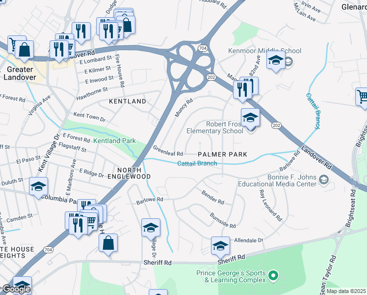 map of restaurants, bars, coffee shops, grocery stores, and more near 7604 Oxman Road in Greater Landover