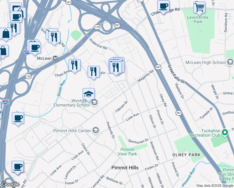 map of restaurants, bars, coffee shops, grocery stores, and more near 7509 Sawyer Farm Way in McLean