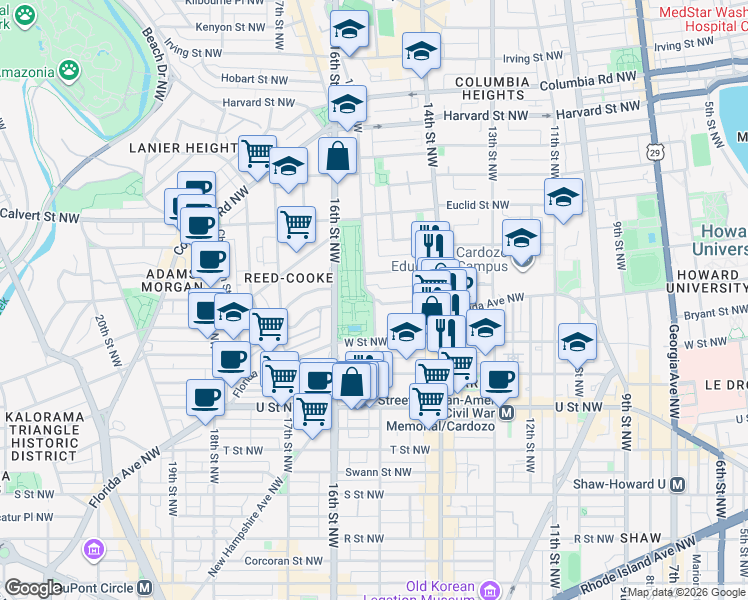map of restaurants, bars, coffee shops, grocery stores, and more near 15th Street Northwest & Belmont Street Northwest in Washington