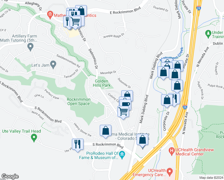 map of restaurants, bars, coffee shops, grocery stores, and more near 6229 Colony Circle in Colorado Springs