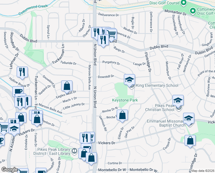 map of restaurants, bars, coffee shops, grocery stores, and more near 2965 Buttermilk Circle in Colorado Springs