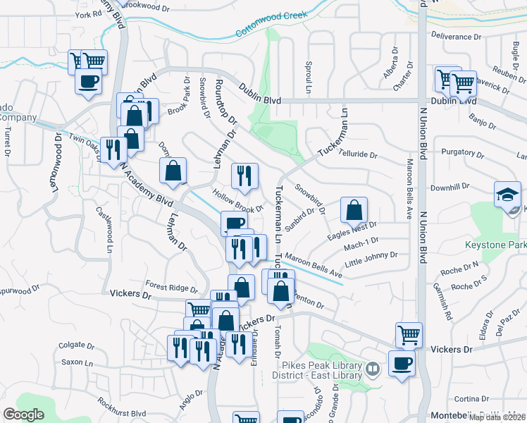 map of restaurants, bars, coffee shops, grocery stores, and more near 2240 Covenant Heights in Colorado Springs