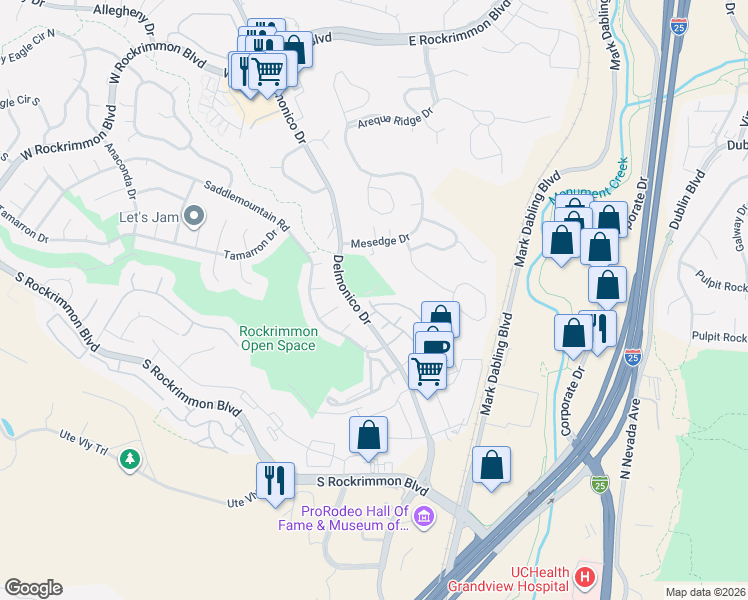 map of restaurants, bars, coffee shops, grocery stores, and more near 6269 Colony Circle in Colorado Springs