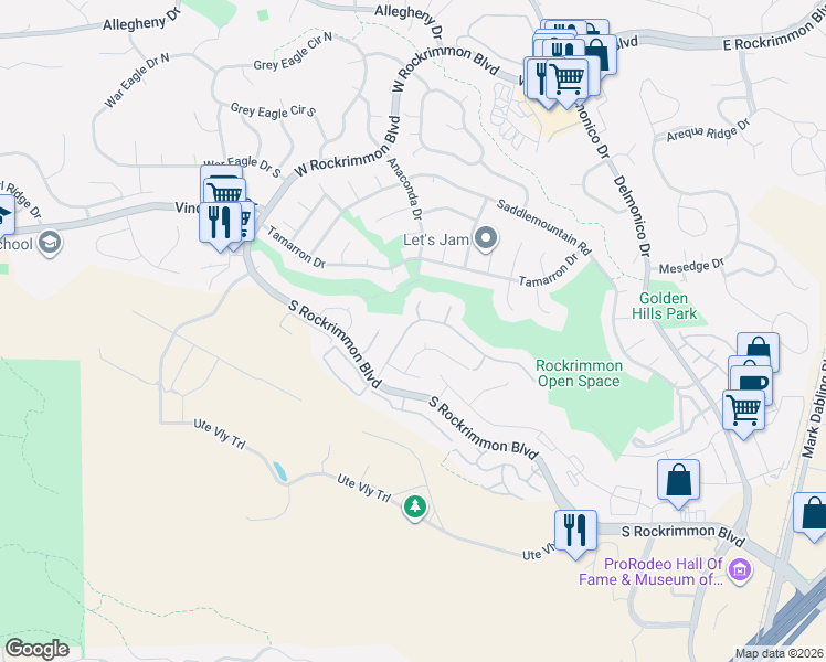 map of restaurants, bars, coffee shops, grocery stores, and more near 6155 Perfect View in Colorado Springs