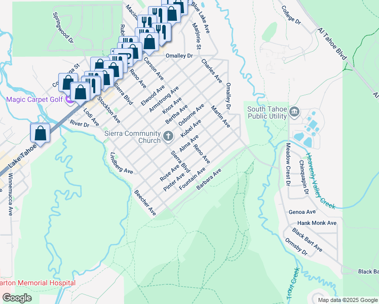 map of restaurants, bars, coffee shops, grocery stores, and more near 2588 Rose Avenue in South Lake Tahoe