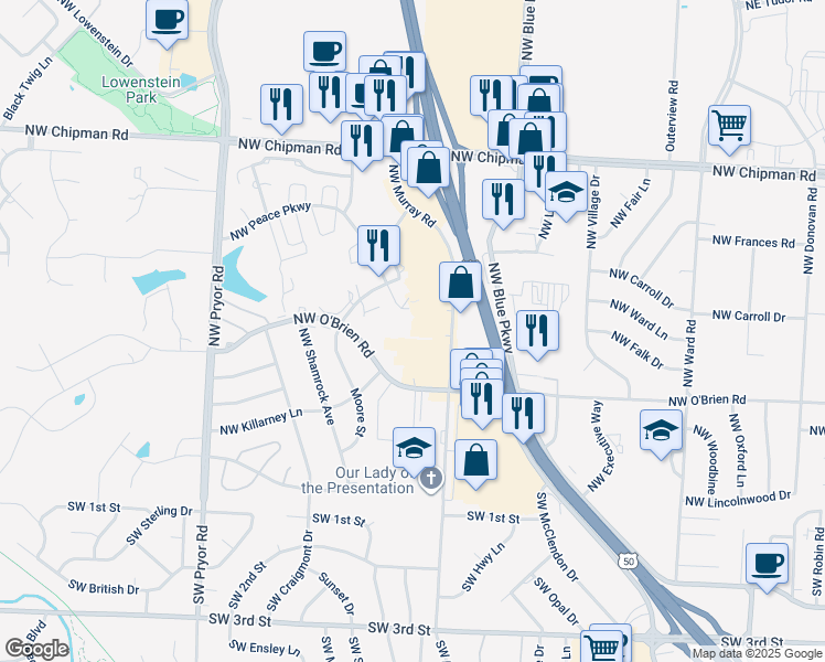 map of restaurants, bars, coffee shops, grocery stores, and more near 512 Northwest Murray Road in Lee's Summit