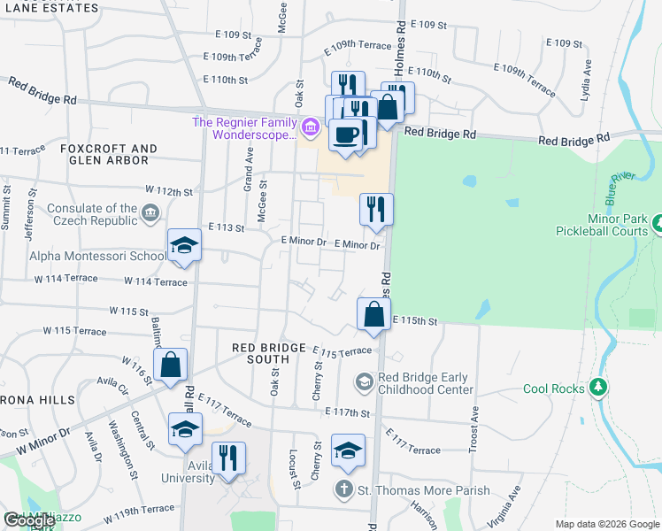 map of restaurants, bars, coffee shops, grocery stores, and more near 521 East Minor Drive in Kansas City