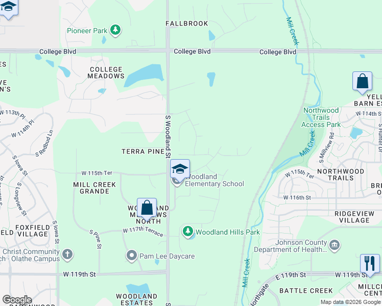 map of restaurants, bars, coffee shops, grocery stores, and more near 11415 South Woodland Street in Olathe