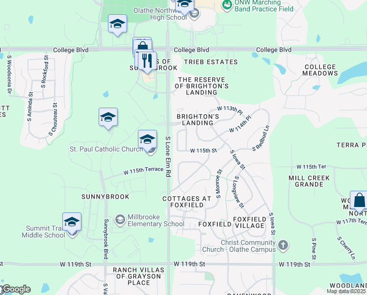 map of restaurants, bars, coffee shops, grocery stores, and more near 11484 South Brownridge Street in Olathe