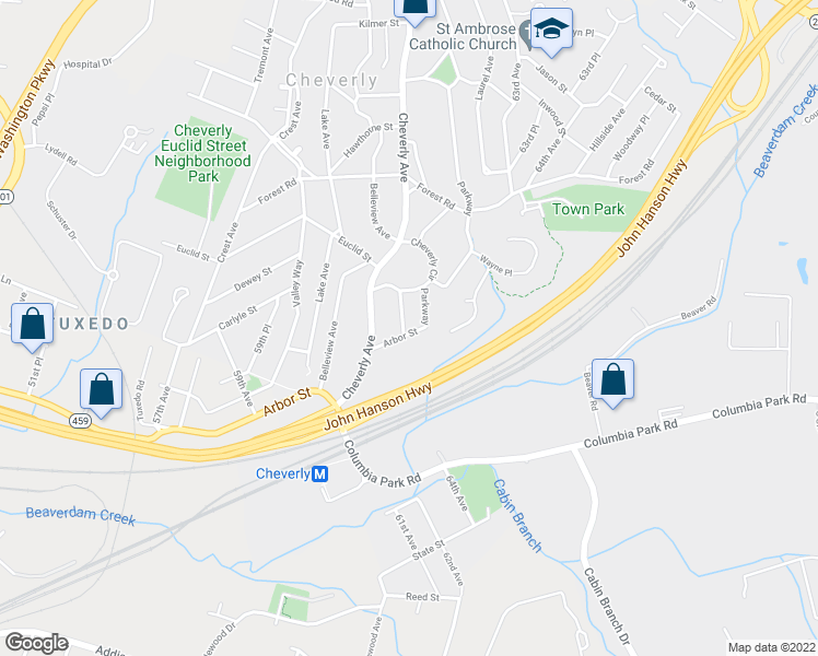 map of restaurants, bars, coffee shops, grocery stores, and more near 6114 Arbor Street in Cheverly