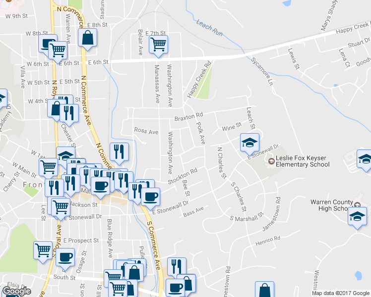 map of restaurants, bars, coffee shops, grocery stores, and more near 205 Clymer Avenue in Front Royal