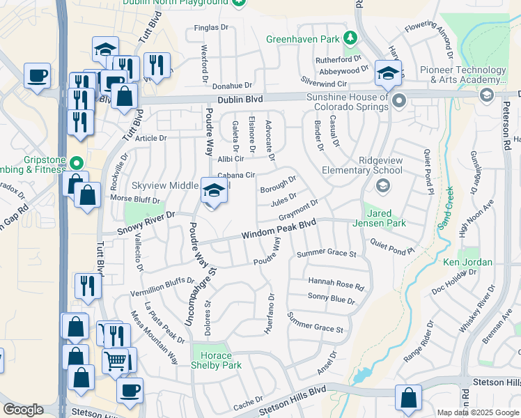 map of restaurants, bars, coffee shops, grocery stores, and more near 6065 Chivalry Drive in Colorado Springs