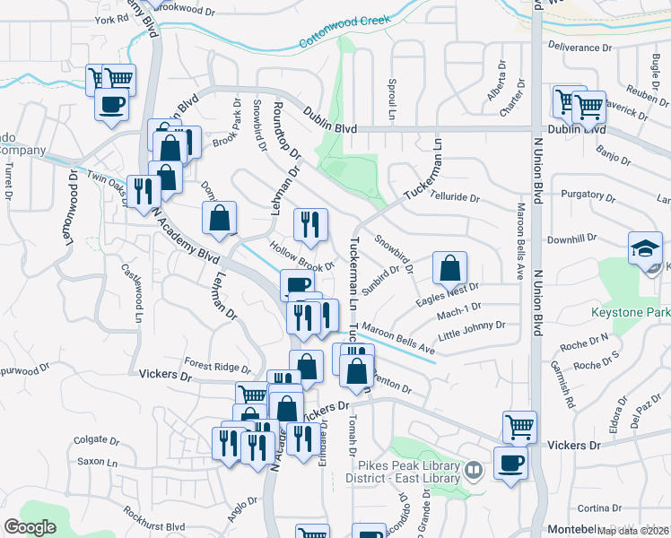 map of restaurants, bars, coffee shops, grocery stores, and more near 2240 Covenant Heights in Colorado Springs