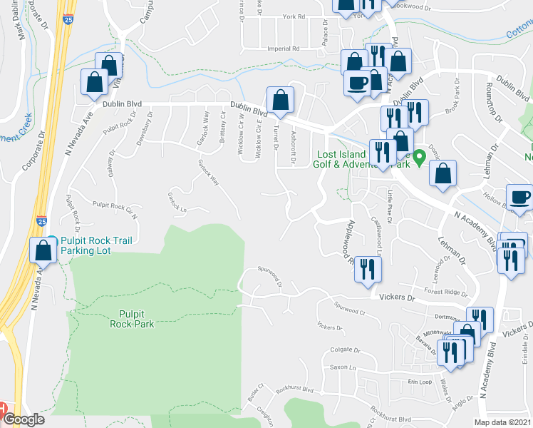 map of restaurants, bars, coffee shops, grocery stores, and more near 1435 Rock Ridge Court in Colorado Springs