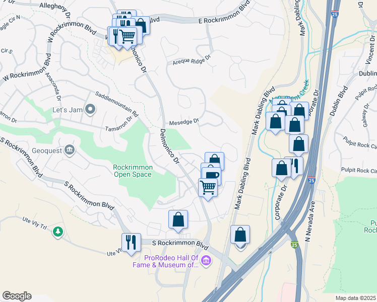 map of restaurants, bars, coffee shops, grocery stores, and more near 6229 Colony Circle in Colorado Springs
