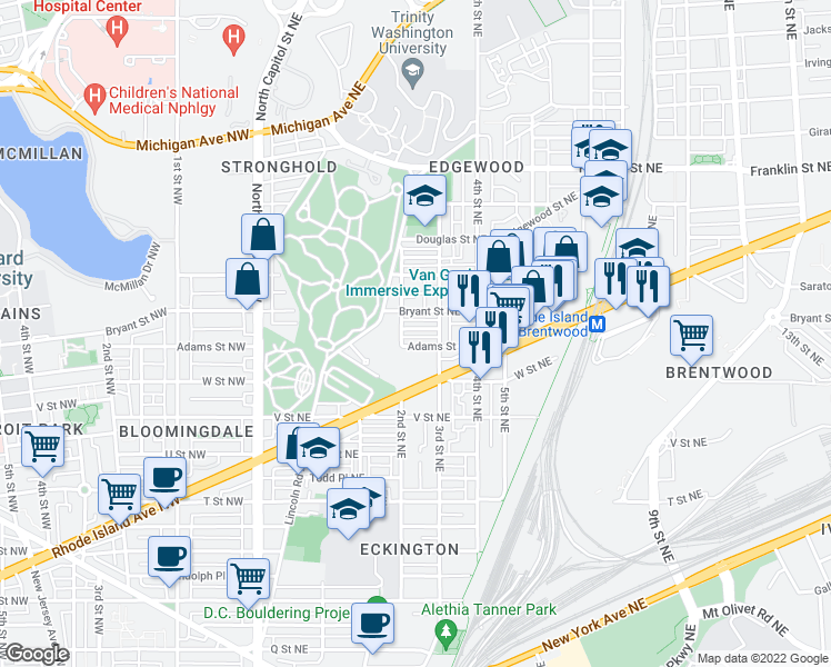 map of restaurants, bars, coffee shops, grocery stores, and more near 213 Ascot Place Northeast in Washington
