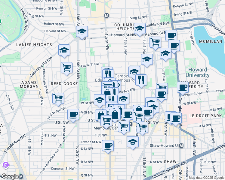 map of restaurants, bars, coffee shops, grocery stores, and more near 101 Independence Avenue Southeast in Washington