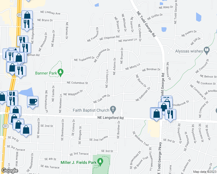map of restaurants, bars, coffee shops, grocery stores, and more near 409 Northeast Country Lane in Lee's Summit