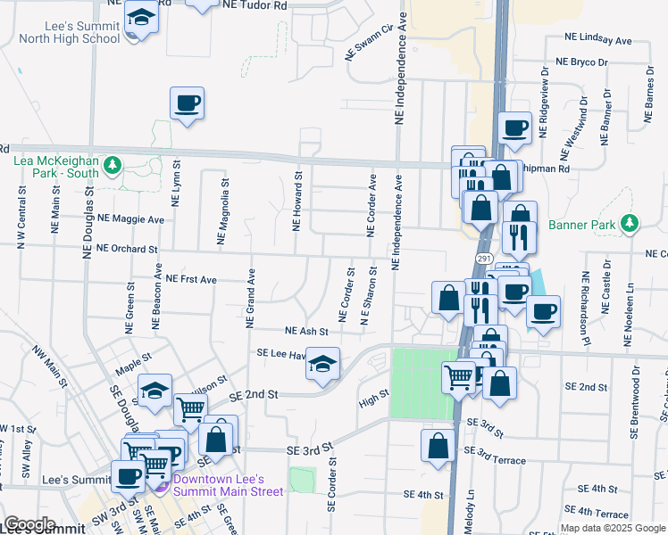 map of restaurants, bars, coffee shops, grocery stores, and more near 407 Northeast Florence Avenue in Lee's Summit