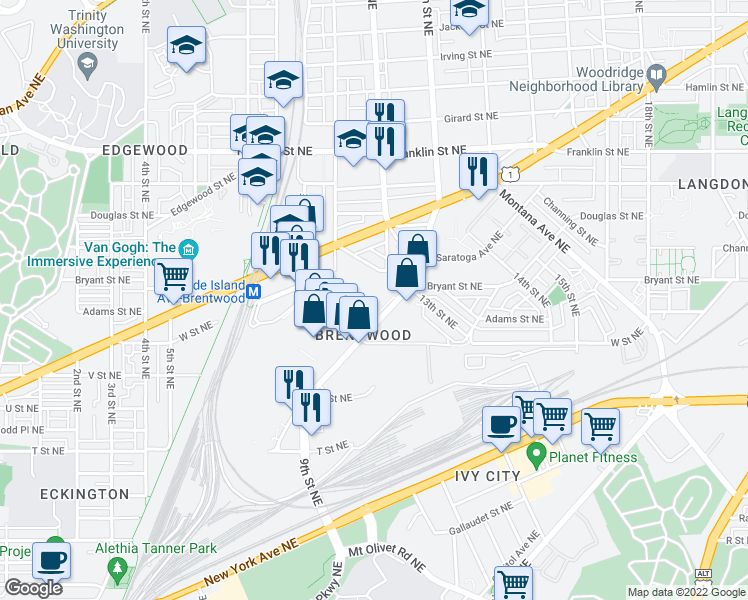 map of restaurants, bars, coffee shops, grocery stores, and more near 12 in Washington