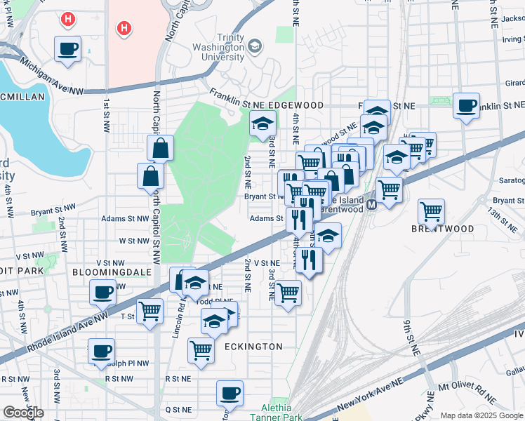 map of restaurants, bars, coffee shops, grocery stores, and more near 223 Ascot Place Northeast in Washington